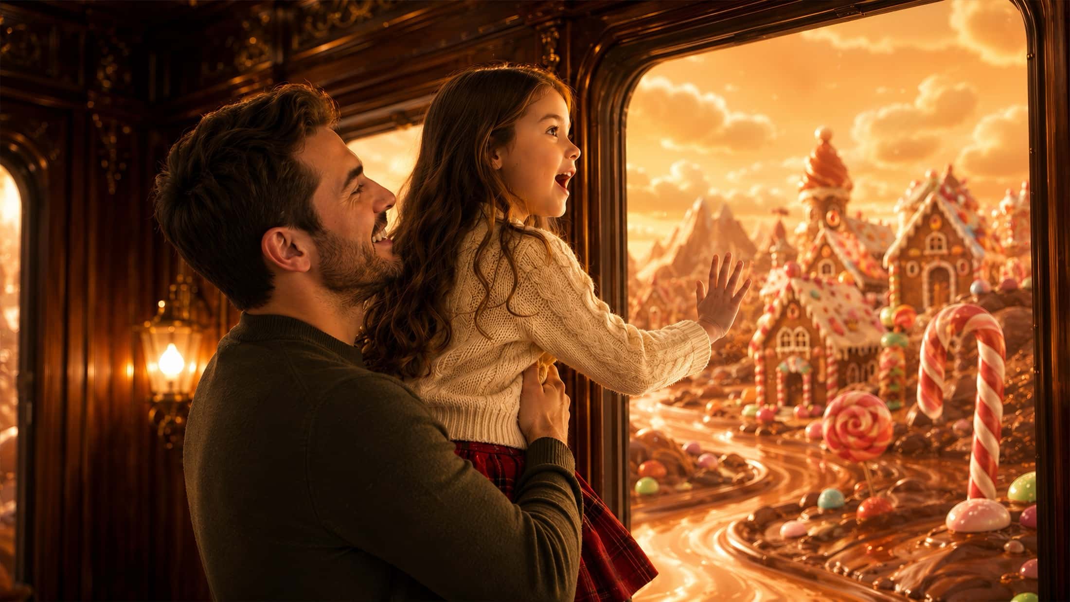 A father lifts his daughter to the cabin window, facing a gingerbread world at sunset.