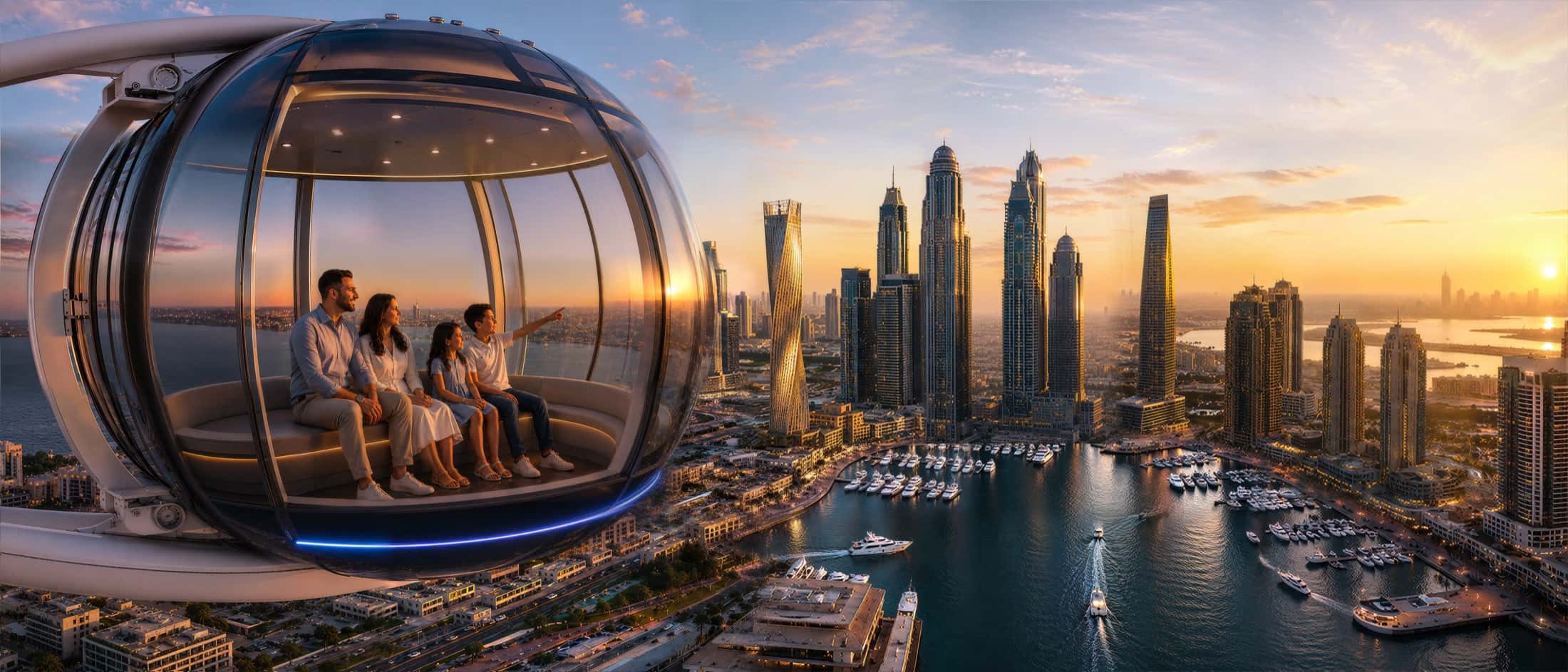 A family in a glass spherical capsule, the marina and towers glowing behind them at sunset.