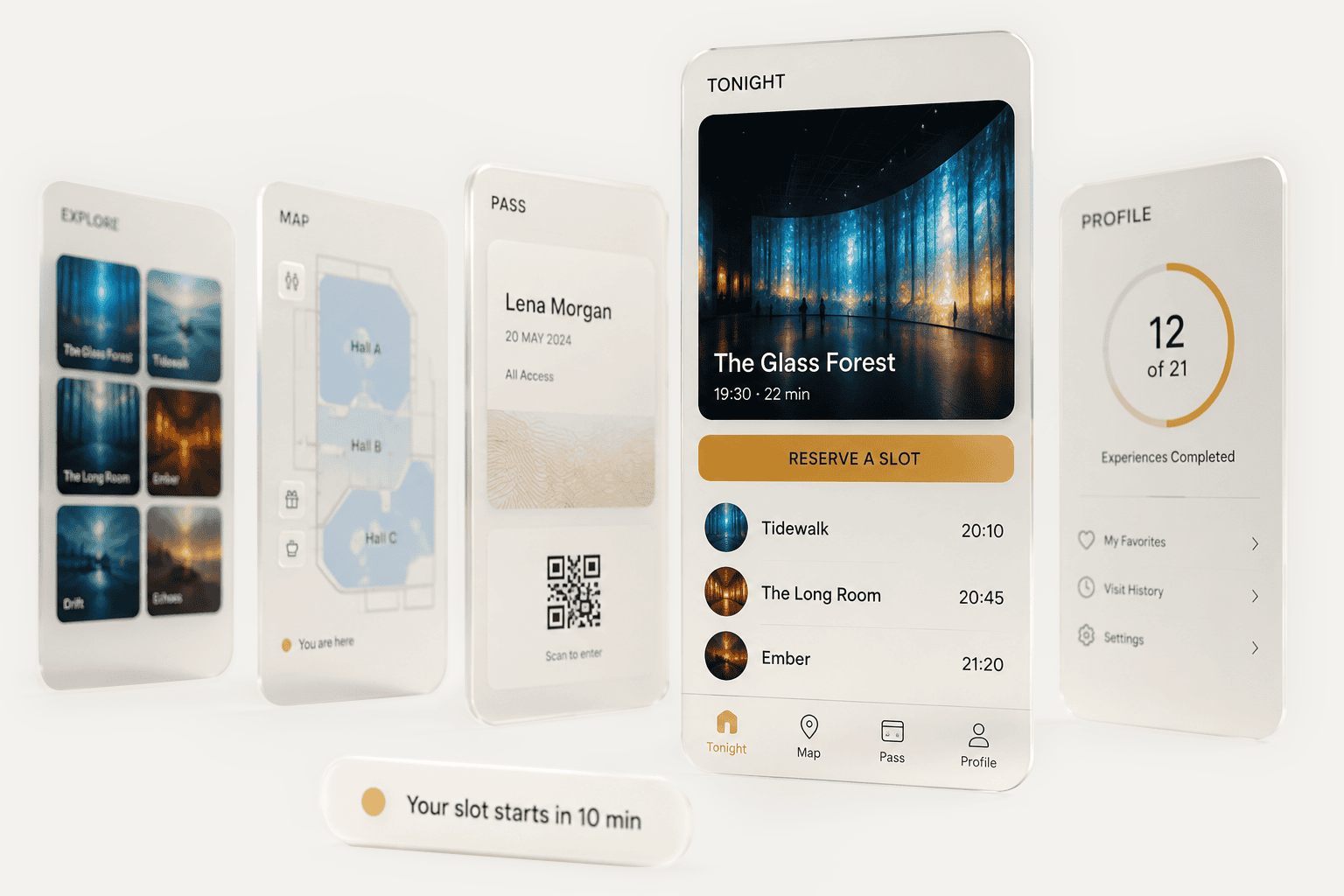 Five frosted-glass app screens floating in depth: today's schedule, a calendar, a floor map, settings.